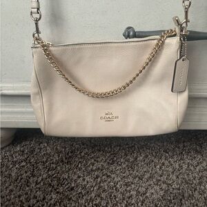 Coach Beige Leather Shoulder Bag with Gold Chain